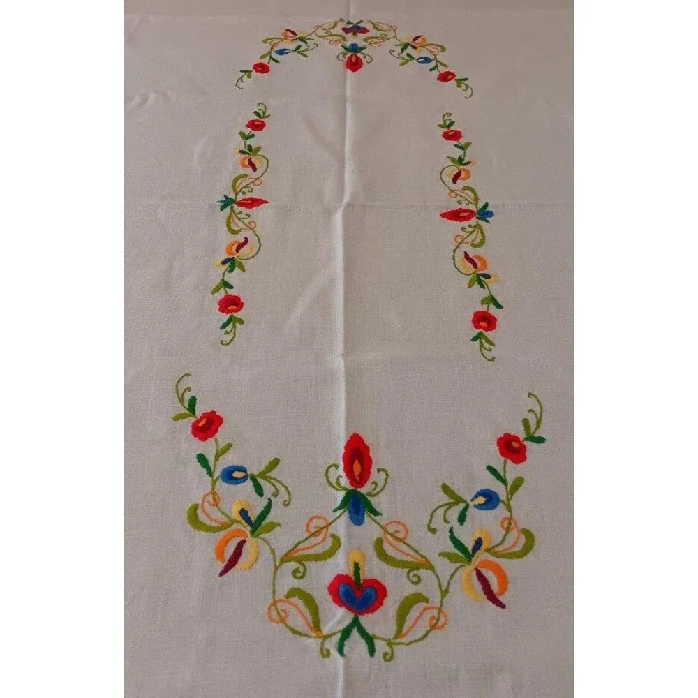 Large Vintage Norwegian Embroidered Tablecloth Linen Red Blue Swedish Floral 62" - Picture 3 of 6